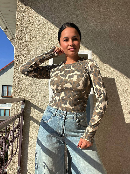 Реглан жіночий A-N 2761 лонгслів рубчик леопардовий принт one size, коричневий, one size Київ - фото 3