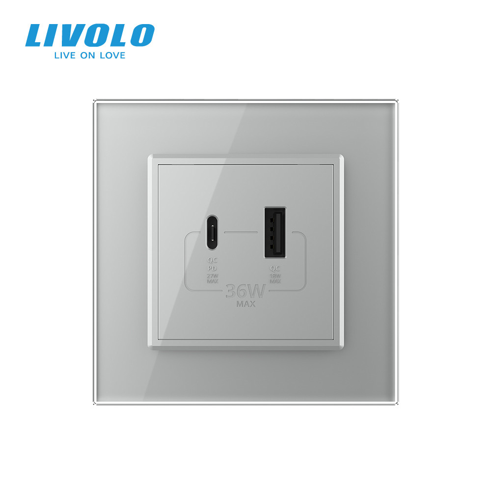 LIVOLO Розетка USB-A та USB-C з Power Delivery 36W Livolo сірий скло (VL-C7FCUA18W.UC18W-2IP) Коломия - фото 8