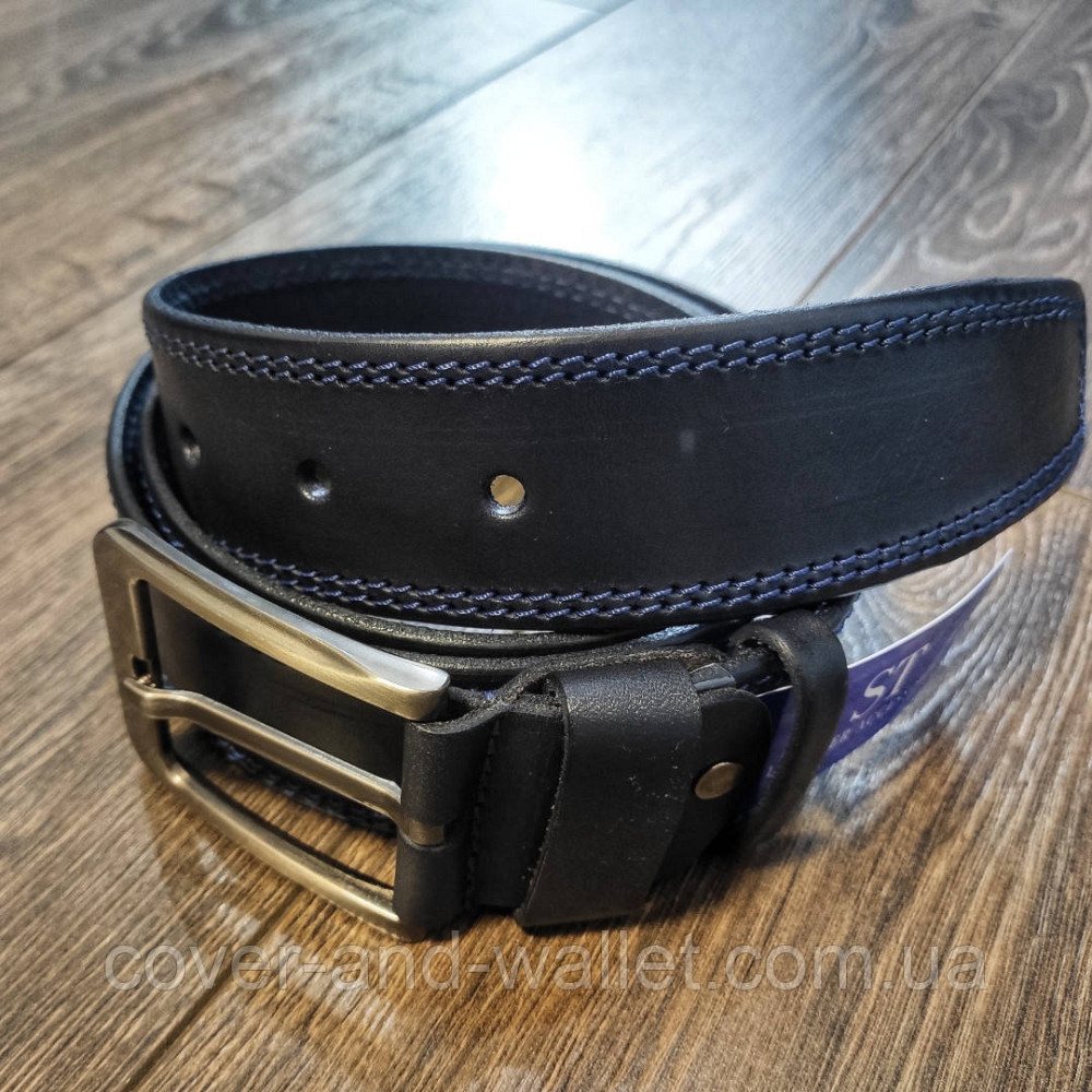 Стильний широкий чоловічий шкіряний ремінь чорного кольору 40мм ST Leather Київ - фото 2