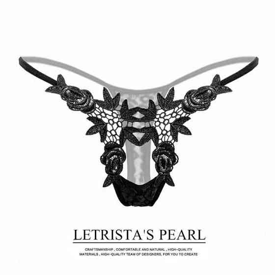 Стрінги з квітами та пікантним вирізом - Чорний - S/M - Еротична білизна Вінниця