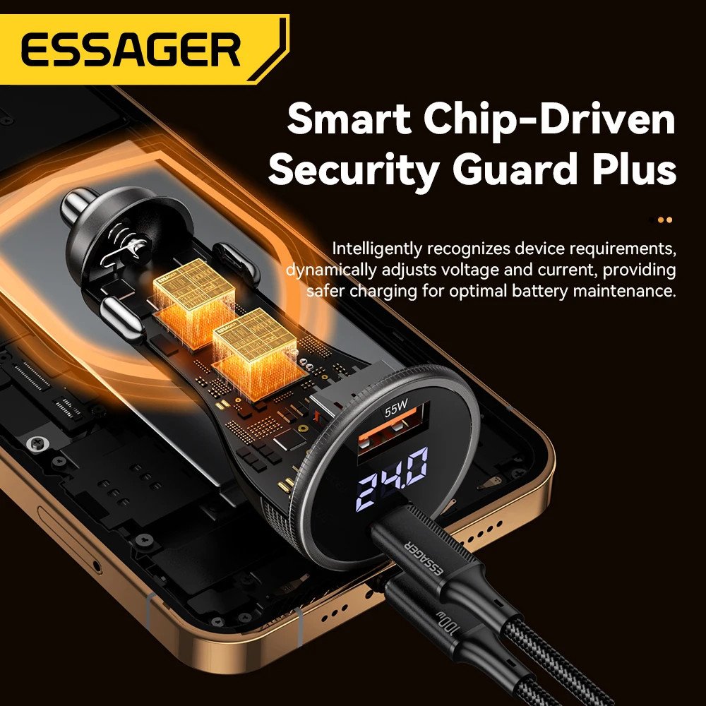 Автомобільний зарядний пристрій Essager ES-CC17 100W A+C (USB-A + Type-C) — потужна швидка зарядка для смартфонів та ноутбуків Миколаїв - фото 6