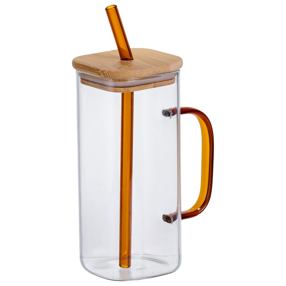 Скляна чашка 400 мл з бамбуковою кришкою і золотистою трубочкою HP-19-146GOLD SBR Київ - фото 2
