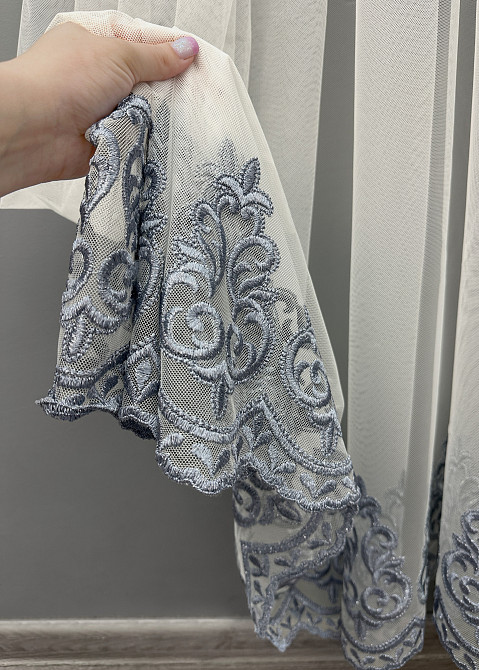 Тюль VR-Textil 1693т Грек-сітка з вишивкою і люрексом Молочний з сірим 350х250 см (42-0807) Київ - фото 5