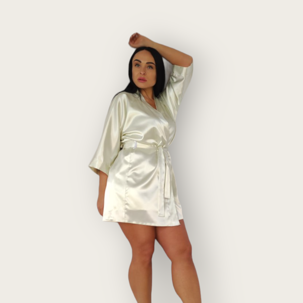 Халат женский атласный под пояс длина 90см Молочный XL/2XL Харьков - изображение 2
