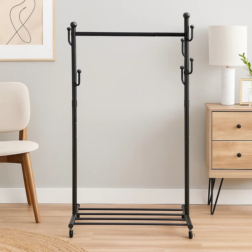 Вішалка пересувна для одягу металева зі стійкою для тремпелів і стійкою з гачками колір чорний Кам'янець-Подільський - фото 4