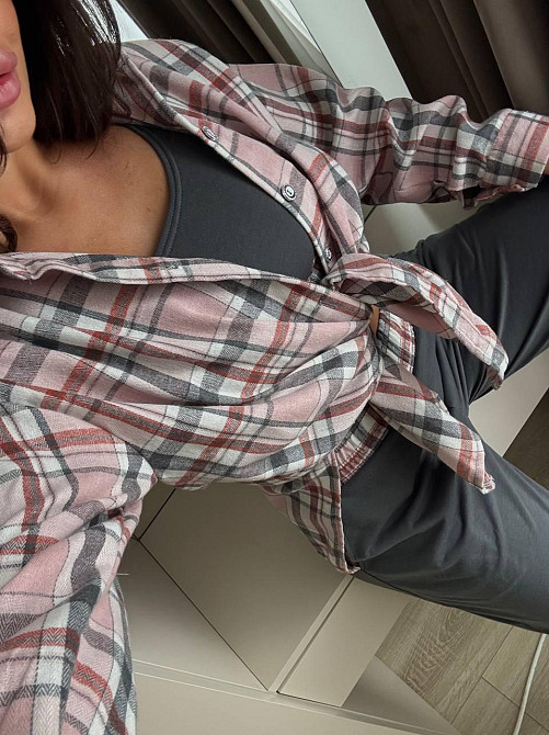 Женский прогулочный костюм тройка: рубашка в клетку топ и штаны фланель + двунитка Розовый, 42/44 Одесса - изображение 5