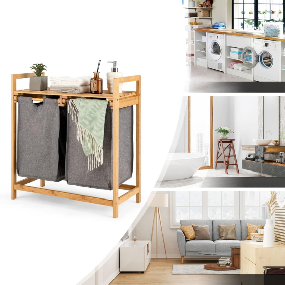 Бамбуковий стелаж для ванної кімнати 2в1 | Відкрита полиця + 2 місткі кошики для одягу, 64×33×73см Кам'янець-Подільський