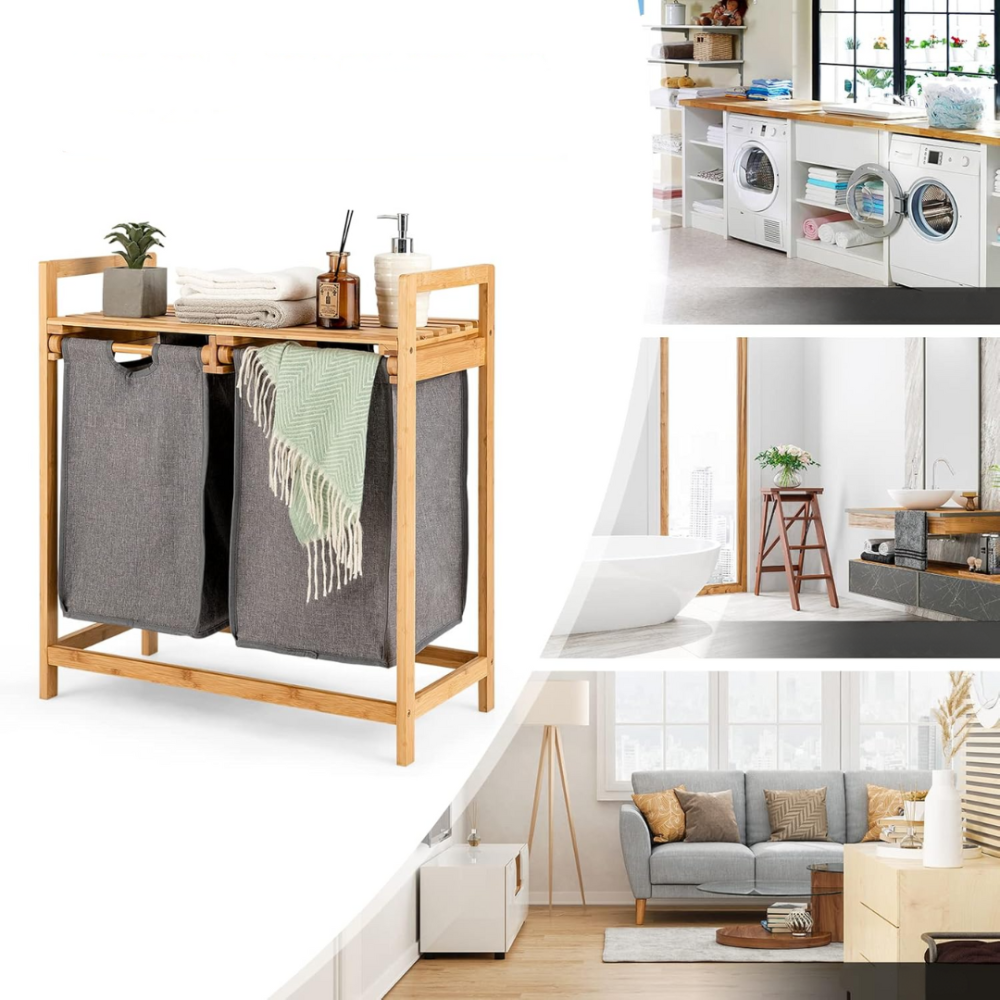 Бамбуковый стеллаж для ванной комнаты 2в1 | Открытая полка + 2 вместительные корзины для одежды, 64×33×73см Каменец-Подольский - изображение 2