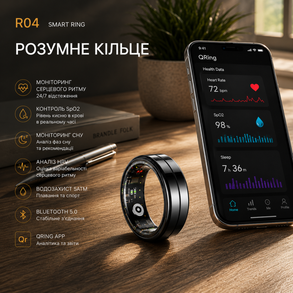 Розумне кільце R04 Smart Ring QRing | Моніторинг пульсу, SpO₂, сну, HRV, стресу, 5ATM, Bluetooth, до 7 днів автономності Київ - фото 7
