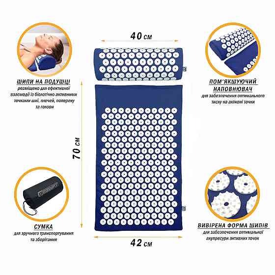 EasyFit Масажний килимок Easyfit з подушкою (аплікатор Кузнєцова) Синій з білим Коломия