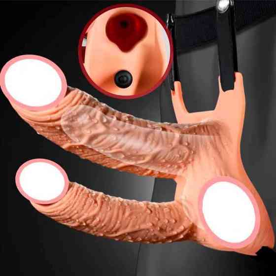 Подвійний порожнистий страпон із вібрацією Lovetoy Vibrating Unisex Hollow Strap On 10 режимів тілесний Вінниця