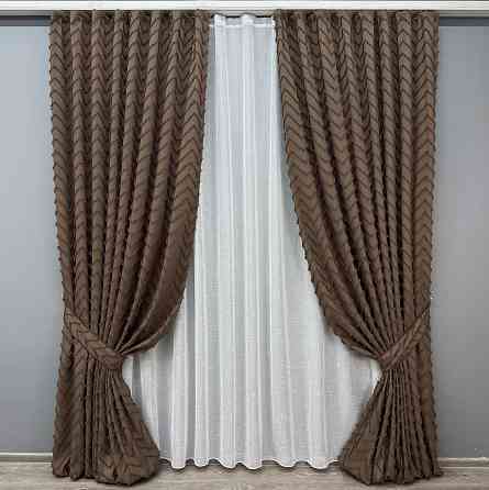 Комплект штор VR-Textil Льон Букле 200х270 2шт і Тюль 500х270 1814ш-115т Коричневий з білим 71-037/6 Київ