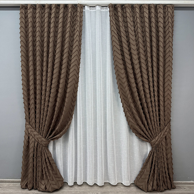 Комплект штор VR-Textil Лен Букле 200х270 2шт и Тюль 500х270 1814ш-115т Коричневый с белым 71-037/6 Киев - изображение 1