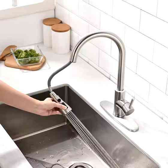 Змішувач для кухні латунний з гнучким висувним шлангом з нержавіючої сталі з матовим нікелевим покриттям Кам'янець-Подільський