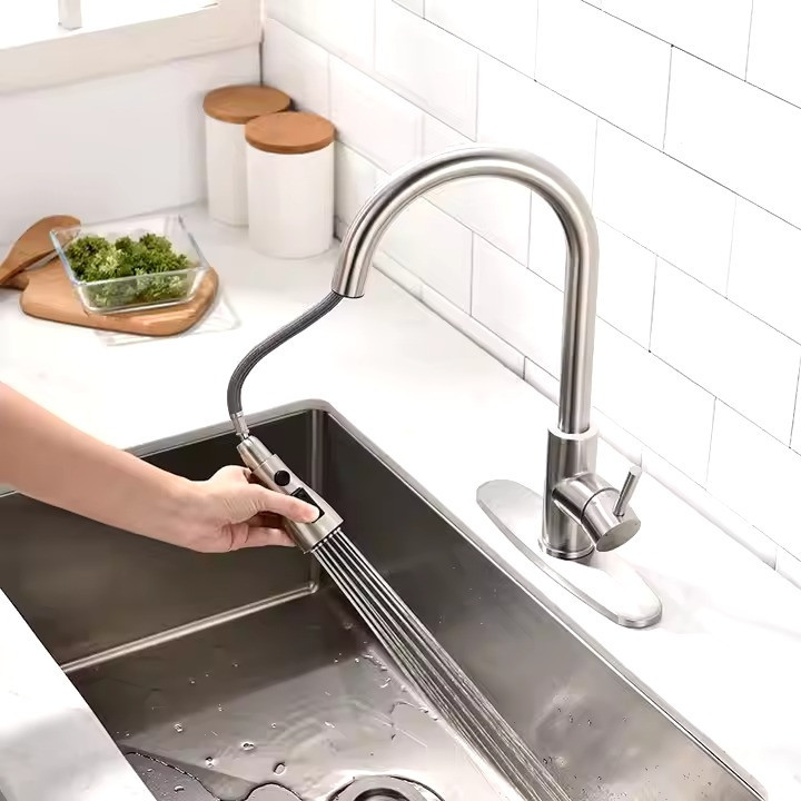 Змішувач для кухні латунний з гнучким висувним шлангом з нержавіючої сталі з матовим нікелевим покриттям Кам'янець-Подільський - фото 3