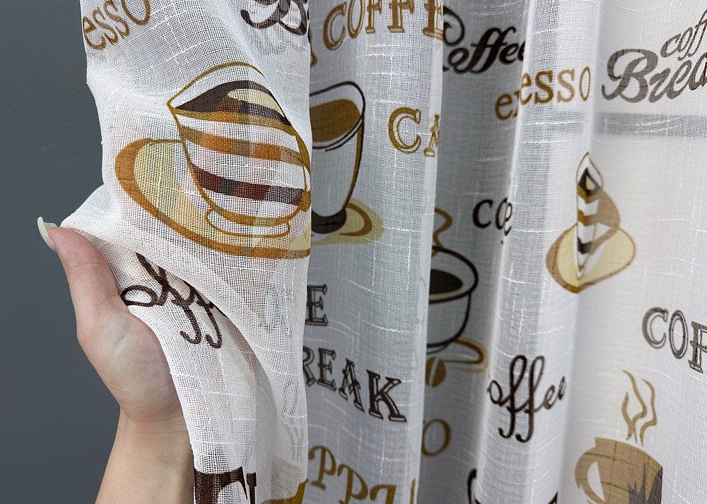 Кухонная тюль-арка VR-Textil № 1792т лен молочный с коричневым 300х115 см (53-0114) Киев - изображение 3