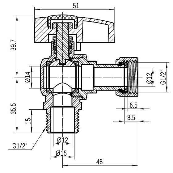 Кран кульовий Thermo Alliance Standart 1/2" ВН кутовий, PN40, з накидною гайкою TAS224W15 Київ