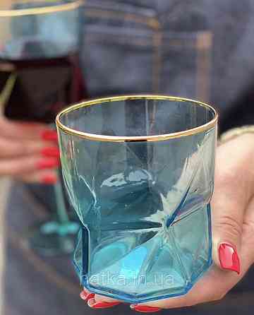 Стакан для віскі соку "Блакита Геометрія" 360 мл блакитний із золотим мішком Київ