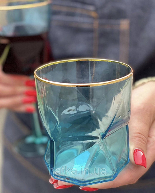 Стакан для віскі соку "Блакита Геометрія" 360 мл блакитний із золотим мішком Київ - фото 1