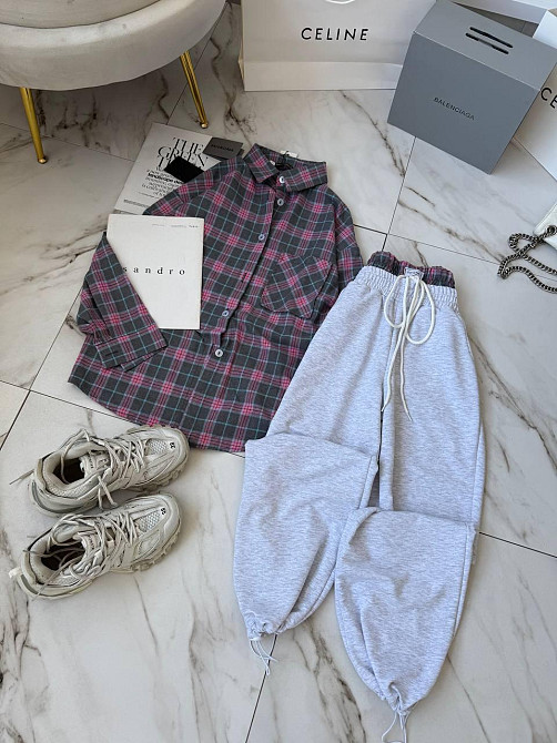 Женский повседневный костюм двойка: рубашка в клетку и штаны фланель + двунитка Одесса - изображение 7