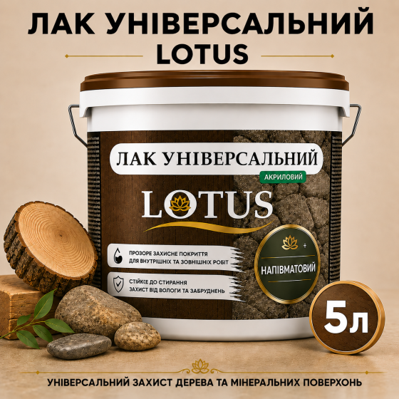 Лак універсальний акриловий LOTUS прозорий напівматовий без запаху зносостійкий для дерева, каменю, бетону та інших поверхонь 5 л Харків