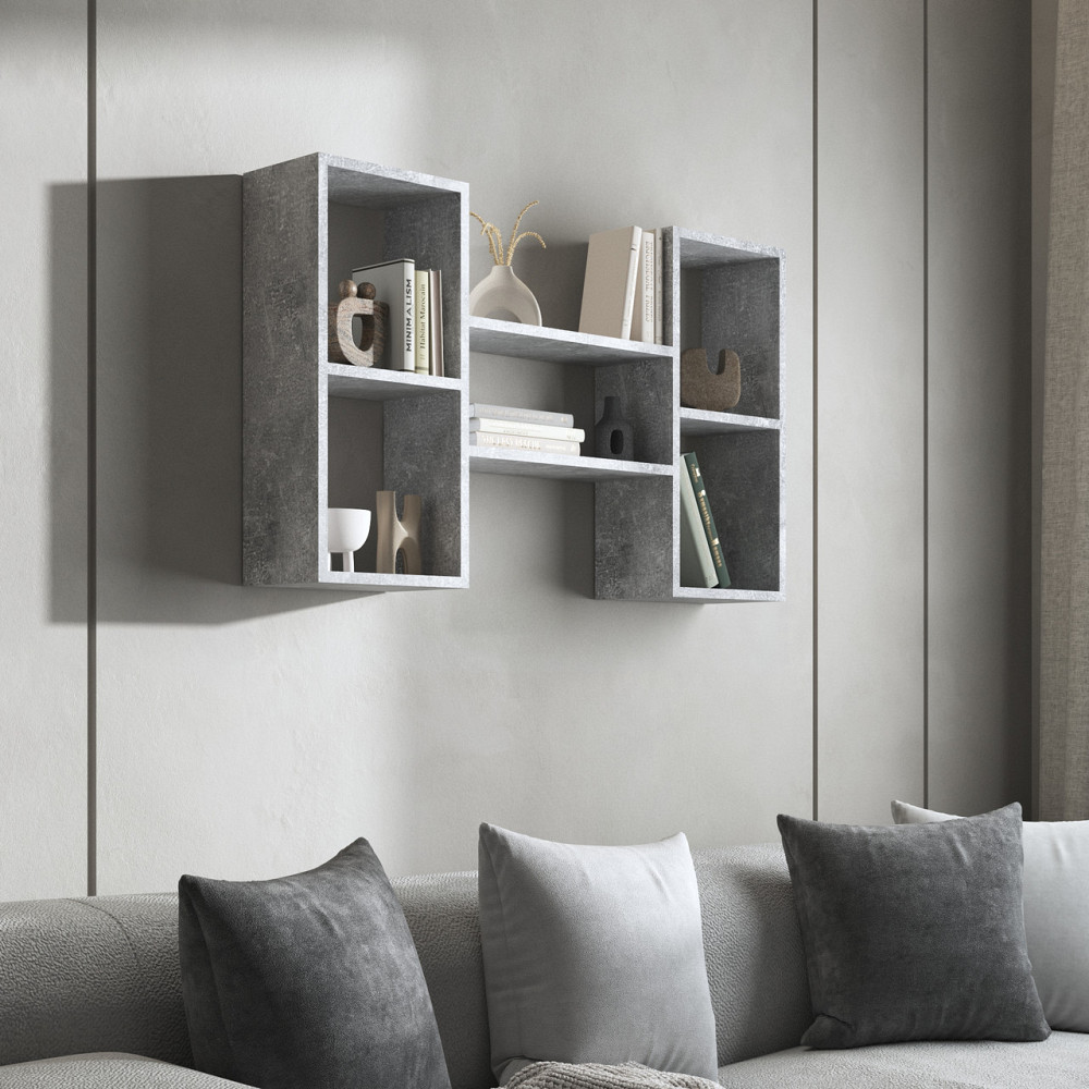 Навісна полиця VAYS M-11 Бетон, з нішами для книг і декору, ЛДСП, 100×18×60 см - для вітальні, спальні, кабінету Львів - фото 1