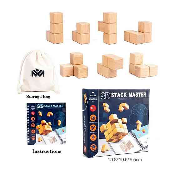 Деревянный конструктор Монтессори куб на 7 элементов и 60 карточек с логическими задачами Каменец-Подольский