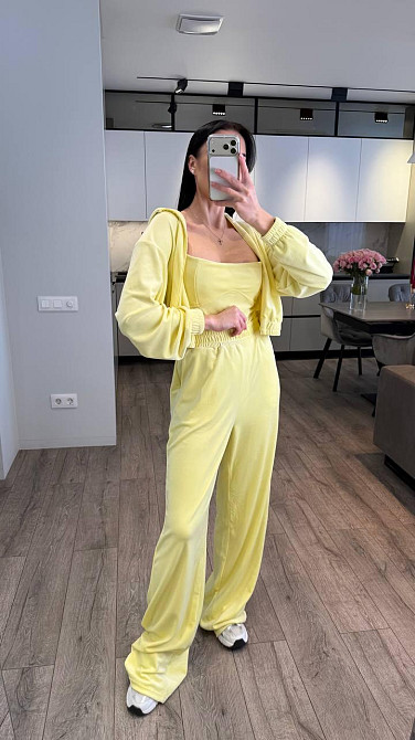 Женский стильный повседневный костюм тройка велюр плюш Лимонный, 42/44 Одесса - изображение 5