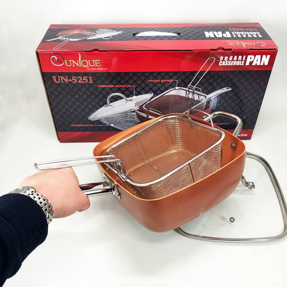 Сковорода-фритюрниця UNIQUE UN-5251 квадратна антипригарна з пароваркою та каструлею + скляна кришка 24 см ST-44 Львів - фото 8