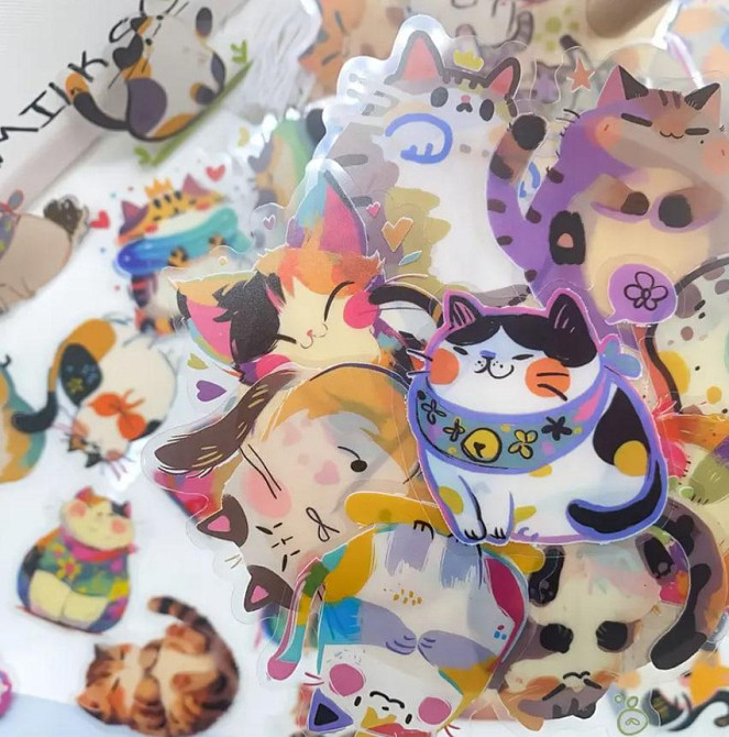 Мультяшные милые кошки, водонепроницаемые виниловые прозрачные наклейки, набор 50 штук. Киев - изображение 2