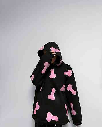 Женское теплое ОХУЕ*** худи оверсайз кроя на фиксаторах трехнитка на флисе Черный Одесса