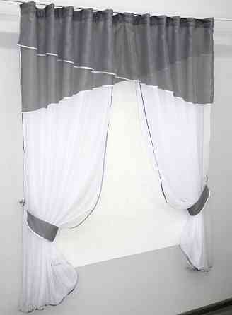 Кухонные шторы VR-Textil № 091к с ламбрекеном и подвязками графитовый с белым 270х170 см (50-252) Киев