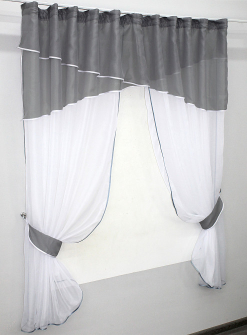 Кухонные шторы VR-Textil № 091к с ламбрекеном и подвязками графитовый с белым 270х170 см (50-252) Киев - изображение 2
