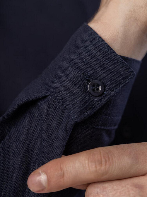 Рубашка из льна мужская синяя однотонная синяя. Рубашка casual на пуговицах синяя Pobedov Exlnt Киев - изображение 6