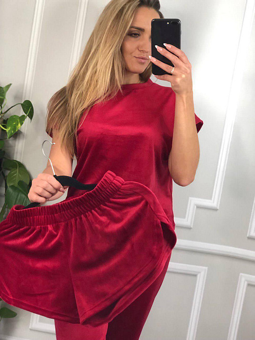 Пижама-комплект (футболка+шорти+штаны) из плюшевого велюра вишневый XXL Харьков - изображение 3