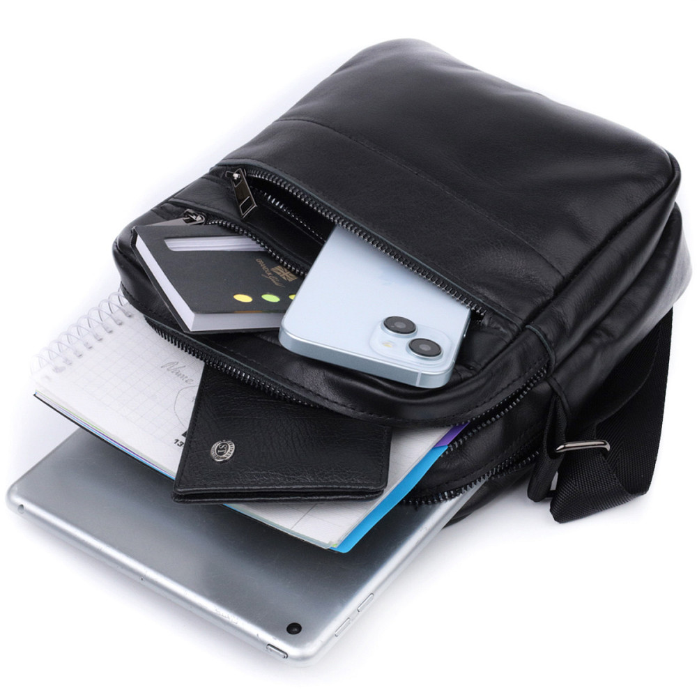 Класична чоловіча сумка месенджер із глянсової натуральної шкіри Shvigel 22846 Чорна Київ - фото 8