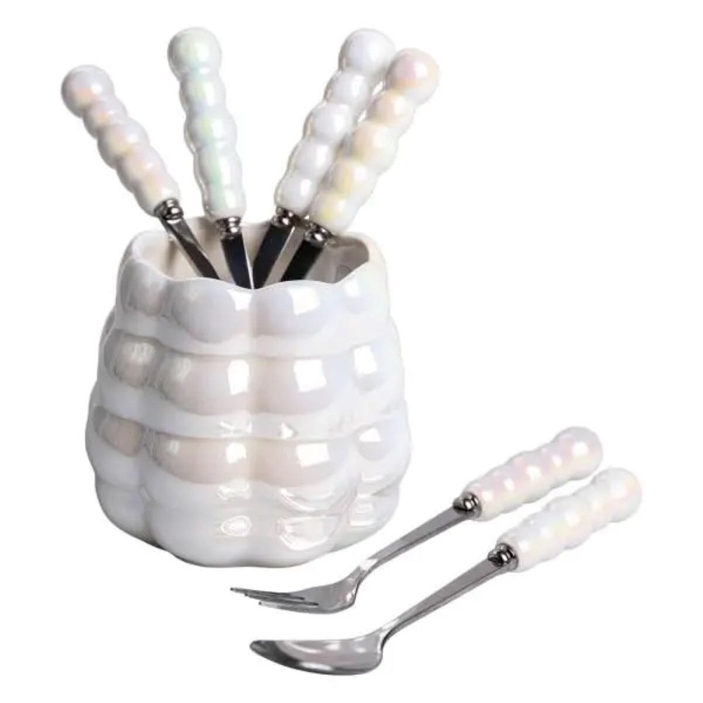 Набір десертних виделок і ложок на 3 персони з підставкою з порцелянау 7 предметів Перламутровий HP-20-62 Коломия - фото 3