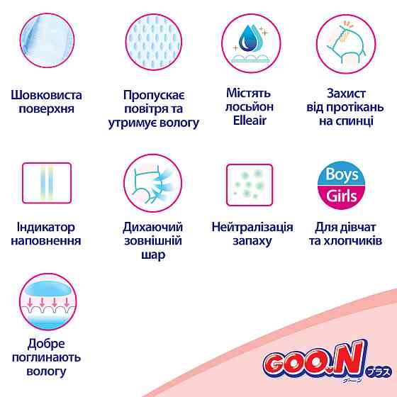 Підгузки Goo.N Plus для дітей (розмір 2(S), 4-8 кг, 70 шт) Дніпро