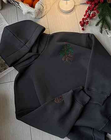 Женская стильная теплая худи с вышивкой турецкая трехнить на флисе пенье Графит Одесса