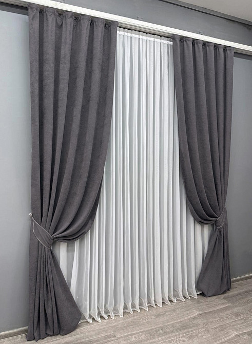 Комплект готовых штор VR-Textil Микровелюр Petek YL № 1706ш Графитовый 200х290 см 2 шт (32-485) Киев - изображение 3