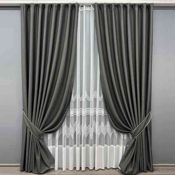 Комплект штор VR-Textil рогожка преміум TERRA LUXE 150х270 2шт і Тюль 600х270 1857ш-1704т Графітовий з білим 71-111/5 Київ