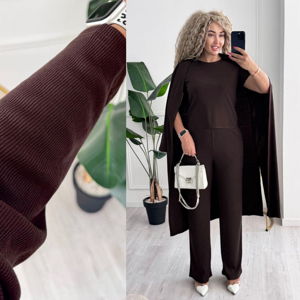 Женский базовый прогулочный костюм тройка: кардиган футболка и штаны трикотажный рубчик Шоколад, 50/52 Одесса - изображение 7