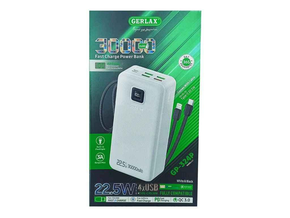 Power Bank 30000mAh GP-324P 4USB/3A/PD20W/22.5W/QC3.0/фонарик/LED дисплей/кабель 2в1 (Type-C/Lightning) чорний ТМ GERLAX Київ - фото 1