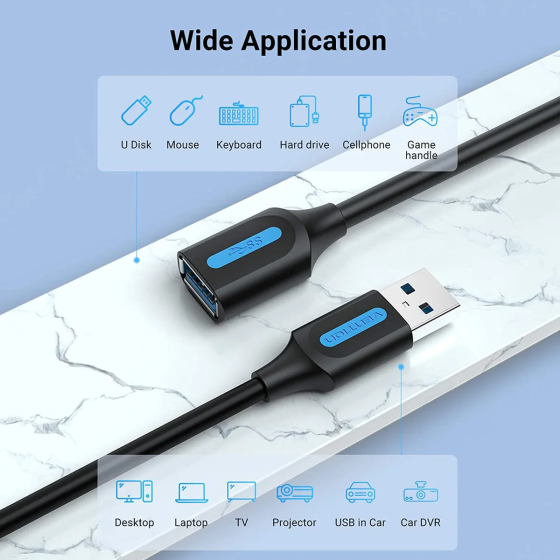 Кабель Vention USB 3.0 удлинитель 2м черный Киев