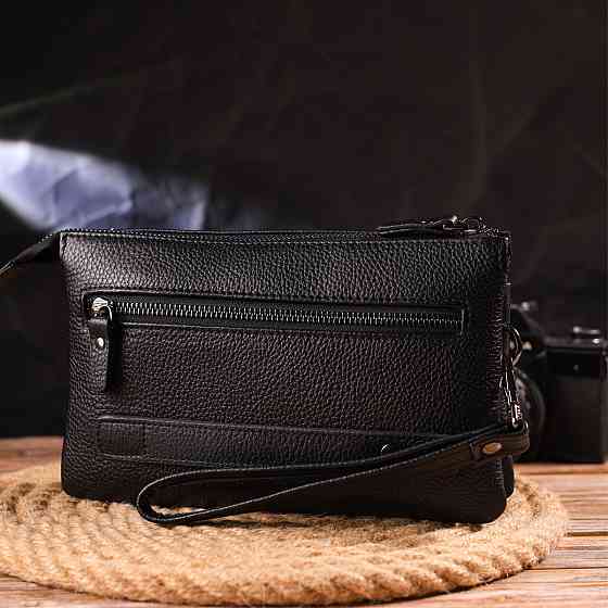 Місткий чоловічий клатч із натуральної зернистої шкіри Чорний (CANPELLINI) Київ