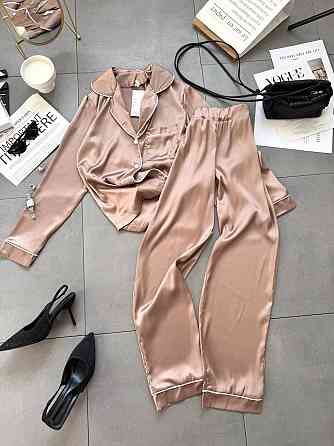 Жіноча легка піжама-двійка: сорочка та штани шовк Бежевий, 46/48 Одеса