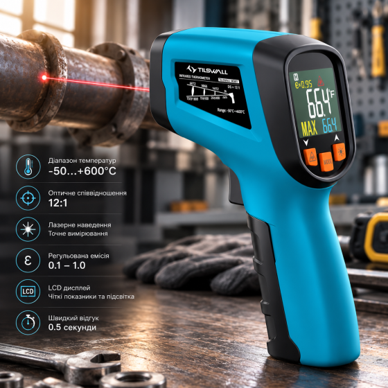 Инфракрасный пирометр Tilswall W301 -50…+600°C, лазерный термометр 12:1, LCD, регулируемая эмиссия Киев