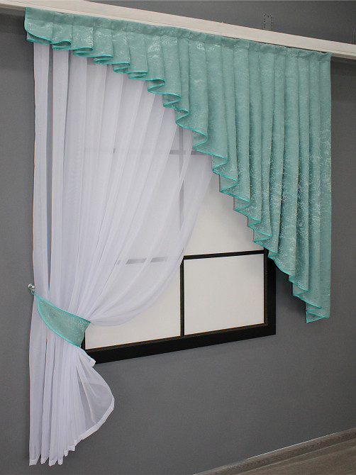 Кухонный комплект VR-Textil № 039к шторка с ламбрекеном белый с бирюзовым 150х170 см (52-0816) Киев - изображение 2