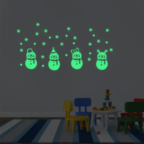 Новорічні наклейки на вікна фосфорні Сніговики 146 на 300 мм салатовий Київ