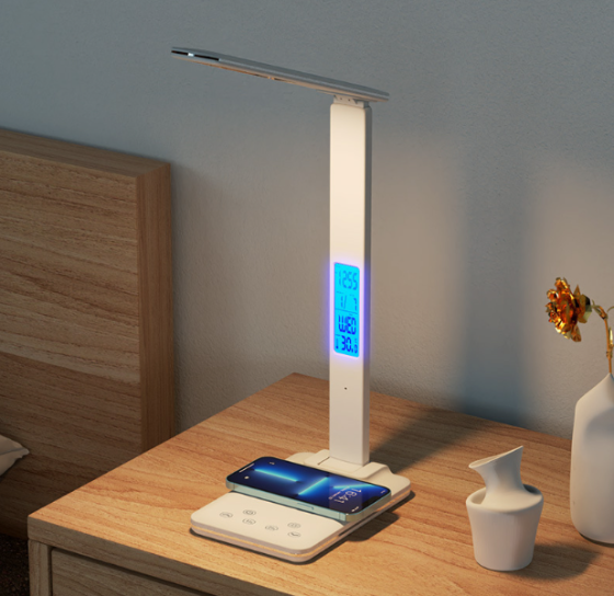 Настільна LED лампа з бездротовою зарядкою і будильником, біла Київ